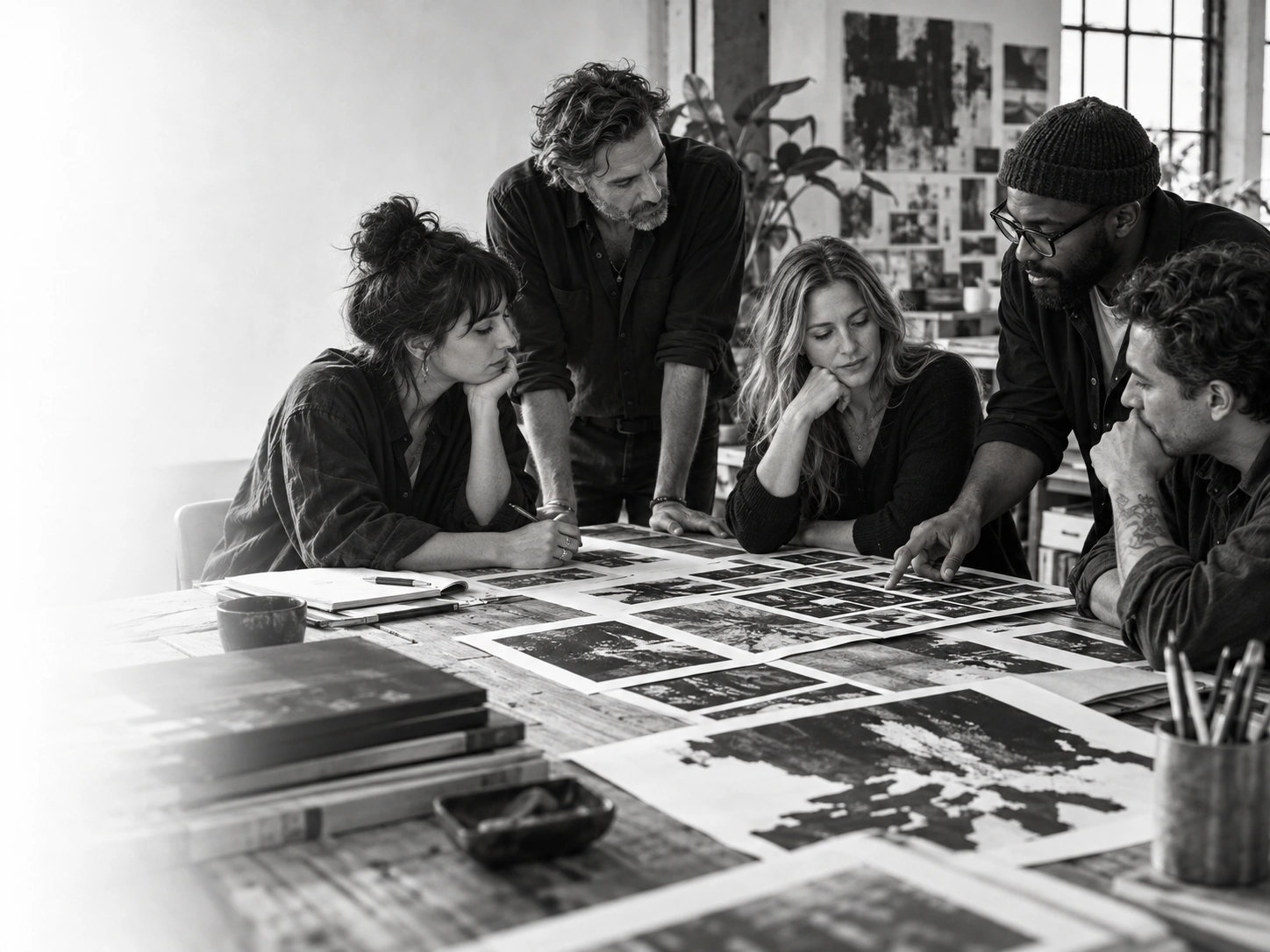Black-and-white scene of creative collaborators reviewing photographic prints around a studio table.