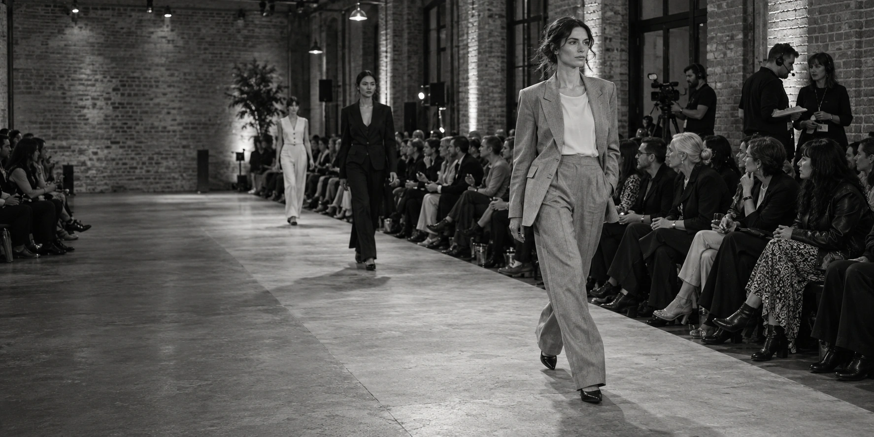 Models walking the runway as guests watch, with project coordinators and a camera operator working behind the audience.